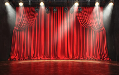 Theater stage with red curtains and spotlights. Theatrical scene in the light background