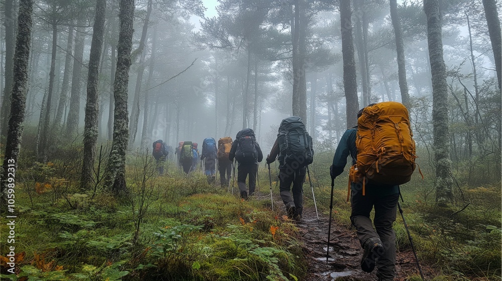 Aufkleber A group of hikers ascends a fog-covered trail in a dense forest. They carry large backpacks and use walking sticks as they navigate the terrain, surrounded by tall trees.