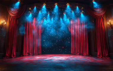 Theater stage with red curtains and spotlights. Theatrical scene in the light background