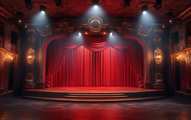 Theater stage with red curtains and spotlights. Theatrical scene in the light background