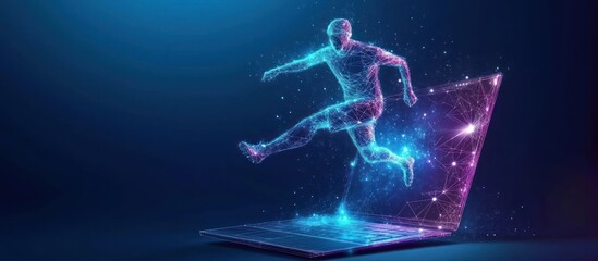 Soccer Player Runs Out of the Laptop Screen. Cyber sport or Sports Betting futuristic concept. Digital Football Player on Mobile Computer