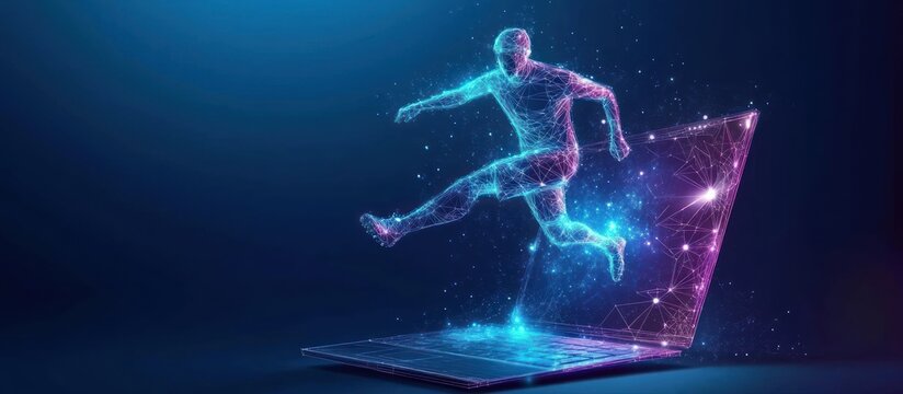 Soccer Player Runs Out of the Laptop Screen. Cyber sport or Sports Betting futuristic concept. Digital Football Player on Mobile Computer