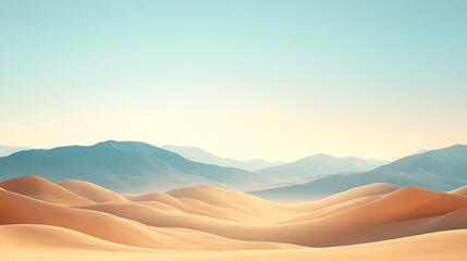 Fototapeta premium Serene desert landscape with soft dunes and distant mountains under a clear sky.