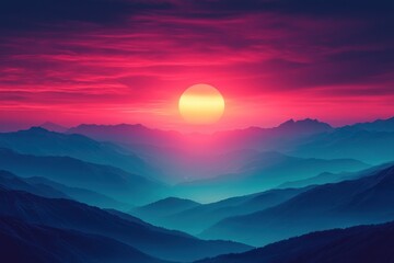 Fototapeta premium A Bright Sunset Over Silhouetted Mountain Ranges