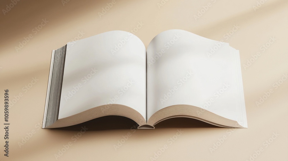 Poster open book with blank pages on beige background
