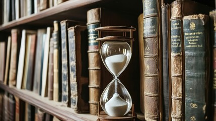 Fototapeta premium An hourglass resting on a bookshelf surrounded by old books symbolizing timeless moments and enduring wisdom
