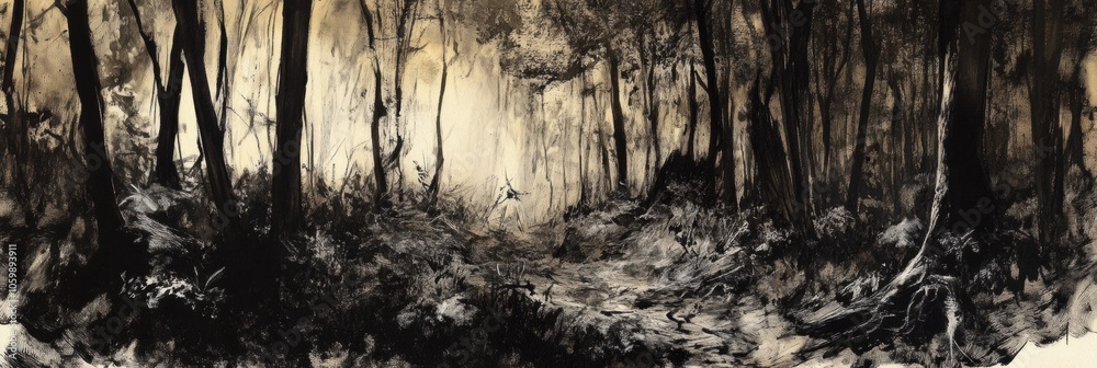 Aufkleber The artwork captures a dense forest filled with detailed trees and deep shadows, creating an enchanting, mysterious ambiance at dusk. Generative AI