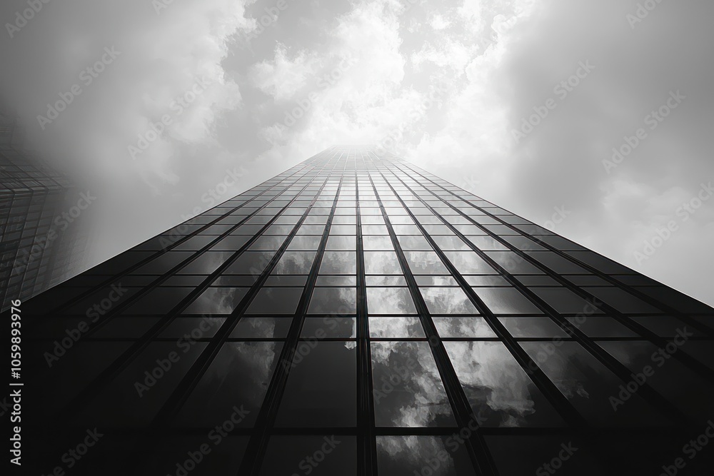 Poster a low angle view of a tall glass building reflecting a cloudy sky