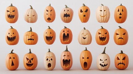 Fototapeta premium lovable halloween gourd collection, professional 3d illustration, animated pumpkin faces, polished surface rendering, range of orange shades, approachable spooky design, festive october decor elements