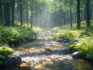 Fototapeta premium Sunlit Stream Flowing Through a Lush, Green Forest