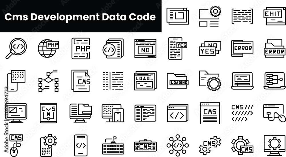 Poster set of outline cms development data code icons