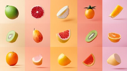 levitating exotic fruit collection, ultra-detailed digital art, sliced fruits revealing interiors, crisp edges, smooth gradients, nutritious food imagery, commercial-quality vector graphics,