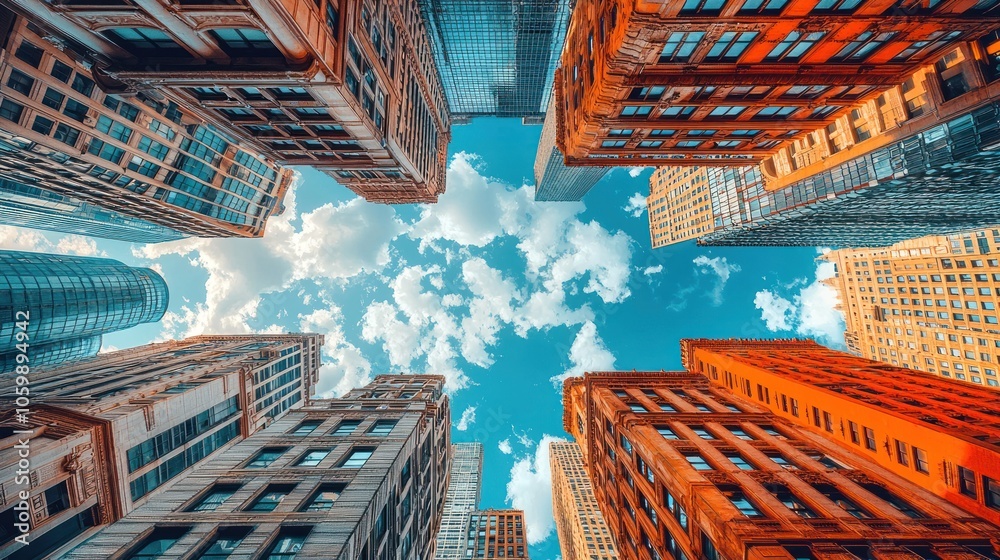 Poster an upward view of a cityscape with buildings reaching for the sky