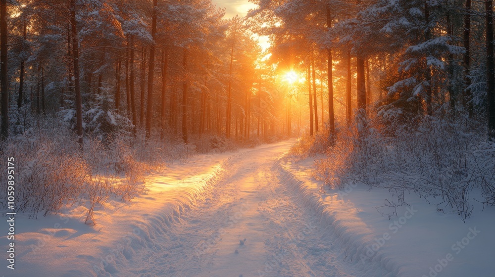 Poster the sun sets behind tall trees, casting a warm glow on a snowy trail in a serene winter landscape, c