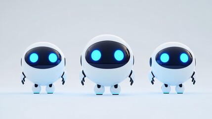 Obraz premium cute white robot mascots, glowing blue eyes, rounded egg-shaped bodies, tiny arms, 3d render, soft lighting, minimalist design, ai assistant lineup, futuristic technology, clean background
