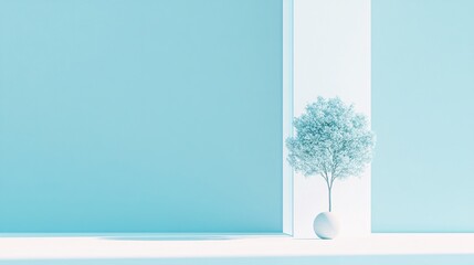 Obraz premium toy-like business facade model, white rectangular prism, blue-tinted glass panels, miniature spherical tree, pale cerulean seamless background, gentle lighting from above