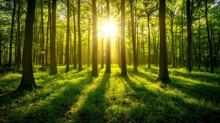 Obraz premium Serene Forest Scene with Sunlight Filtering Through Trees