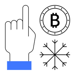Obraz premium Finger pointing up, bitcoin symbol within a circle, and a snowflake. Ideal for cryptocurrency, technology trends, winter themes, financial markets, digital innovations, blockchain, futuristic