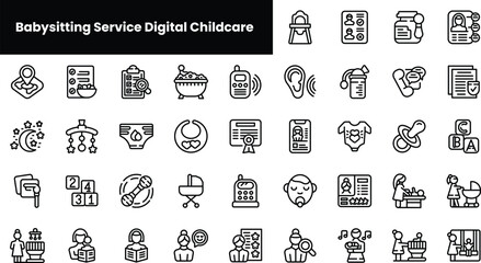 Set of outline babysitting service digital childcare icons