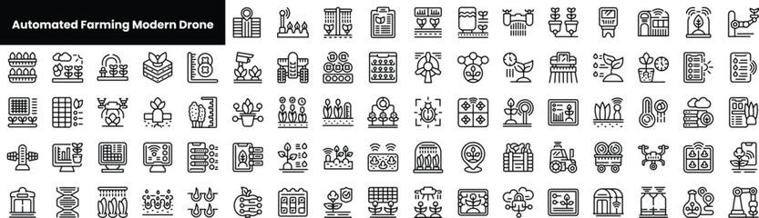 Set of outline automated farming modern drone icons