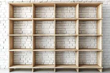 Empty shelving unit in front of white brick wall