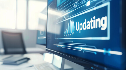  Close-up of computer screen showing software update progress bar with "Updating" in bold letters, modern office desk in background, emphasizing digital technology and productivity.  