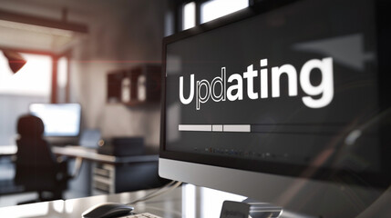  Close-up of computer screen showing software update progress bar with "Updating" in bold letters, modern office desk in background, emphasizing digital technology and productivity.  