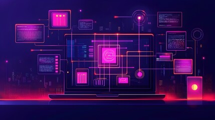 Obraz premium Cozy home office environment displaying a conceptual digital network map with various devices and data flow