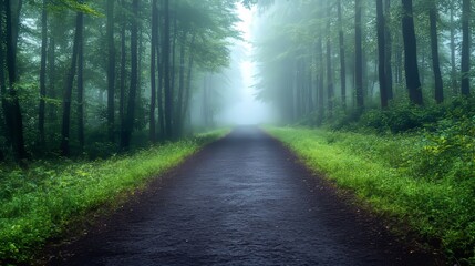 Obraz premium Empty path leading into a misty forest representing the journey of mental health recovery and seeking help