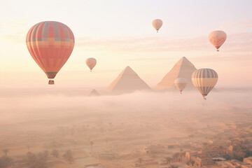 Fototapeta premium Hot air balloon over pyramids at Giza, Egypt at sunrise with pastel colours