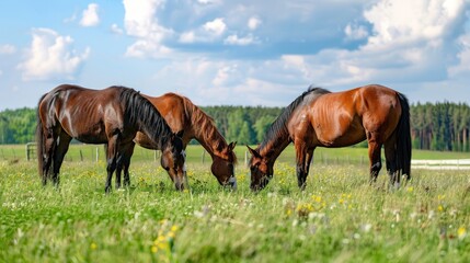 Some horses are eating grass in the green meadow.