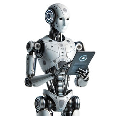 Futuristic AI Robot Interacting with a Tablet for Data Analysis