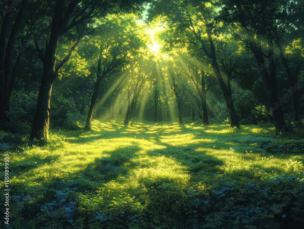 Poster sunbeams illuminating a lush green forest path