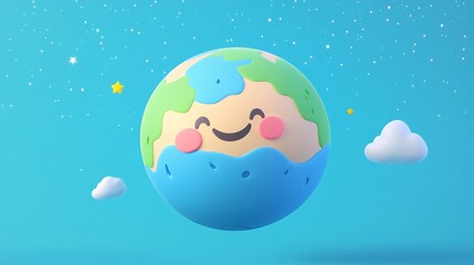 Fototapeta premium cute 3d cartoon earth, exaggerated continents, playful blue oceans, chibi-style planet, soft gradients, floating in starry space, environmental awareness theme
