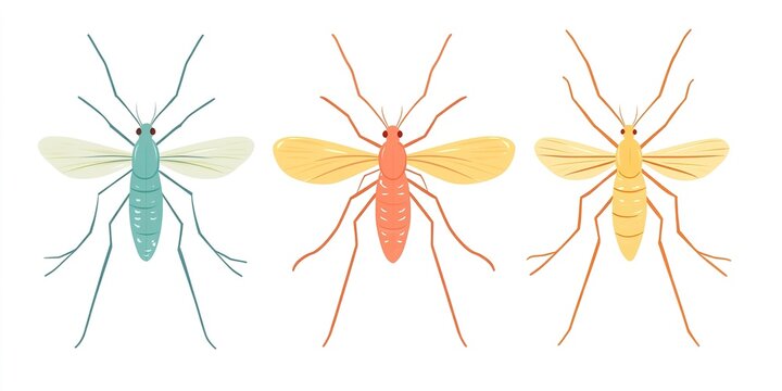 Abstract Illustration Featuring Mosquitoes in a Brightly Colored Flat Design, Set Against a White Background, Capturing the Concept of Virus Transmission and Defense Against Insect Bites, Incorporatin