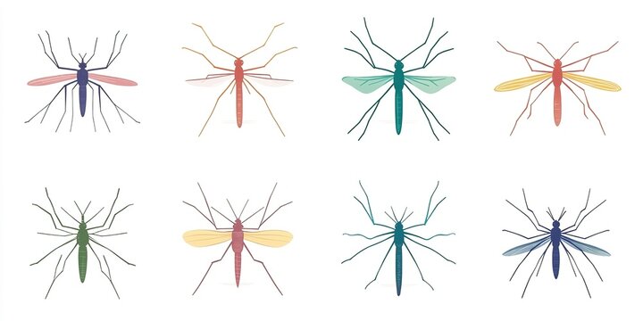 Abstract Illustration Featuring Mosquitoes in a Brightly Colored Flat Design, Set Against a White Background, Capturing the Concept of Virus Transmission and Defense Against Insect Bites, Incorporatin