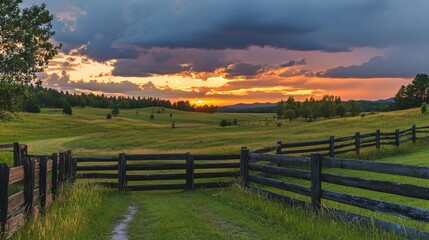 Obraz premium Sunset over a serene countryside with a wooden fence suggesting calm security and a protective barrier from potential harm
