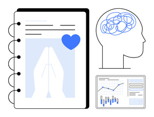 Notebook with praying hands and heart, tangled brain inside human head outline, statistical data chart on screen. Ideal for wellness programs, mental health campaigns, therapy sessions, educational