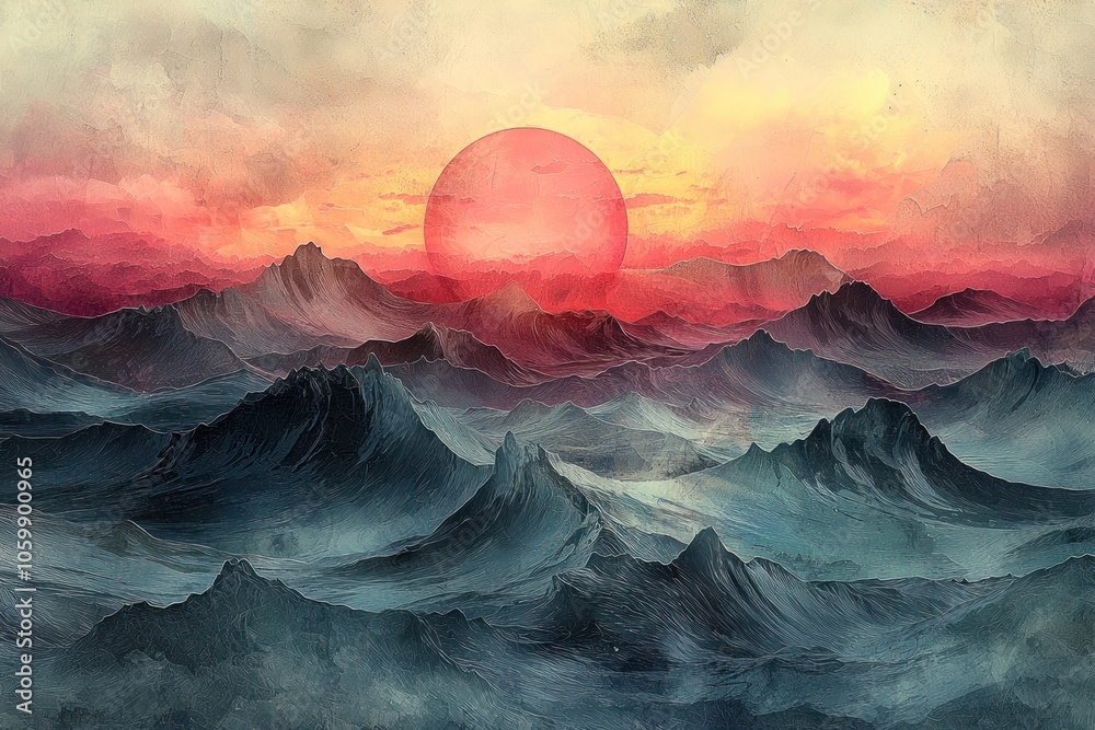 Poster a large red sun setting over a distant mountain range