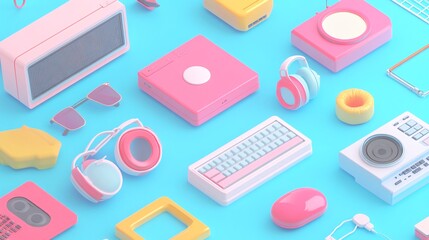 playful vintage tech icons, 3d digital art, exaggerated forms, mix of pastel and bold colors, nostalgic audio-visual equipment, simplified details, soft lighting, seamless composition on sky blue