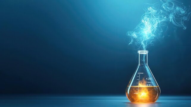 Chemical reaction concept. Flask emitting gas as organic reaction progresses, chemical transformation, gas evolution