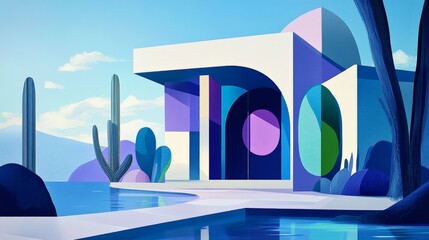 Whimsical Geometric House Illustration in Vibrant Colors