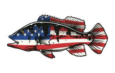 Peacock bass fish with usa flag pattern vector drawing