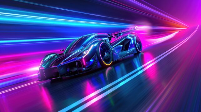 Futuristic Sports Car on Neon Highway. Powerful acceleration with cyberpunk style.