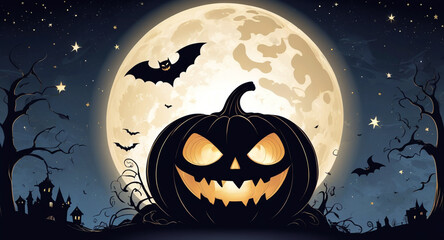 Spooky Greetings! A sleek modern illustration featuring an eerie golden pumpkin, a haunting silhouette of a ghost, stylish bats, shimmering stars. Perfect for a sophisticated Halloween card, festival.