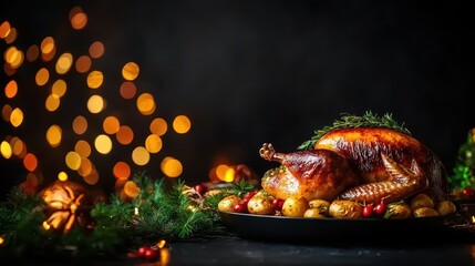 Fototapeta premium Roasted turkey on a platter with festive decorations and warm lights in the background, perfect for holiday feasts.