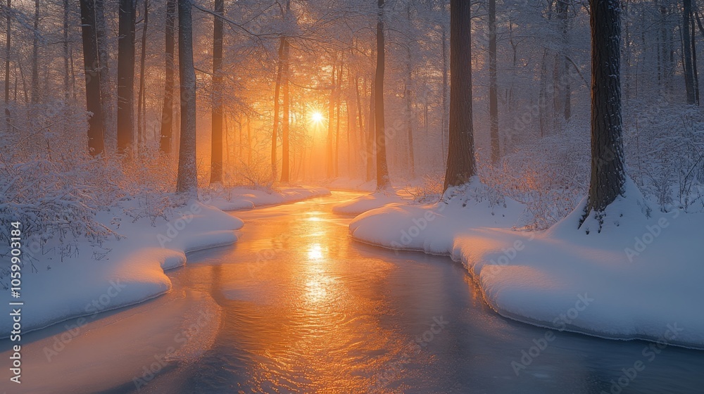 Poster The soft glow of a golden sunrise filters through snow-laden trees, casting warmth over a serene winter landscape with a gently flowing stream.