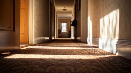 Fototapeta premium Serene Hallway with Warm Lighting and Textured Carpet