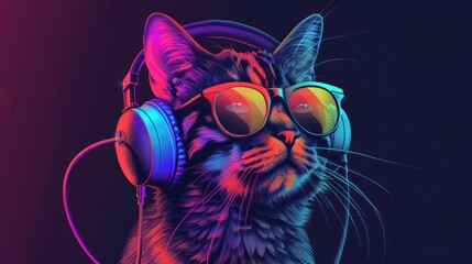 Naklejka premium Stylish cat wearing glasses and headphones in futuristic neon style, AI generated image