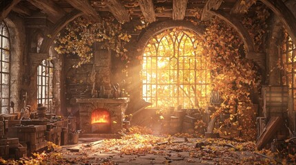 Enchanting Medieval Blacksmith's Workshop in Autumn - Ultra-Detailed 3D Render Illustration of a Cozy Forge Environment with Scattered Tools and Vibrant Foliage Views, Emphasizing Craftsmanship